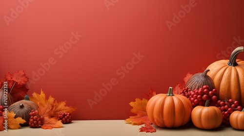 Beautiful view of 3D style pumpkins and autumn fruits on top of Red background