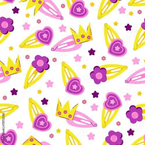 Kids jewelry pink and gold Cute hairpins  Flat vector seamless pattern