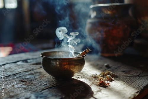 A metal bowl emitting smoke. Perfect for illustrating concepts of relaxation, meditation, and aromatherapy
