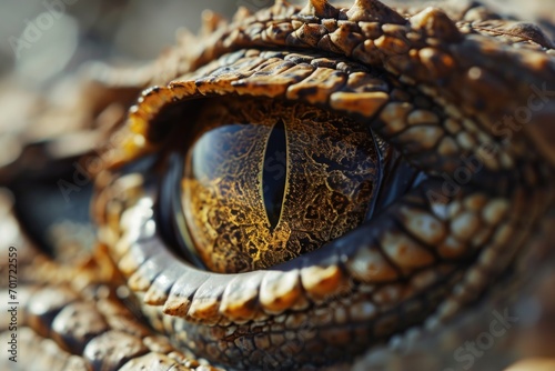 A detailed close-up view of the eye of a crocodile. This image can be used to showcase the intricate details and unique features of these reptiles