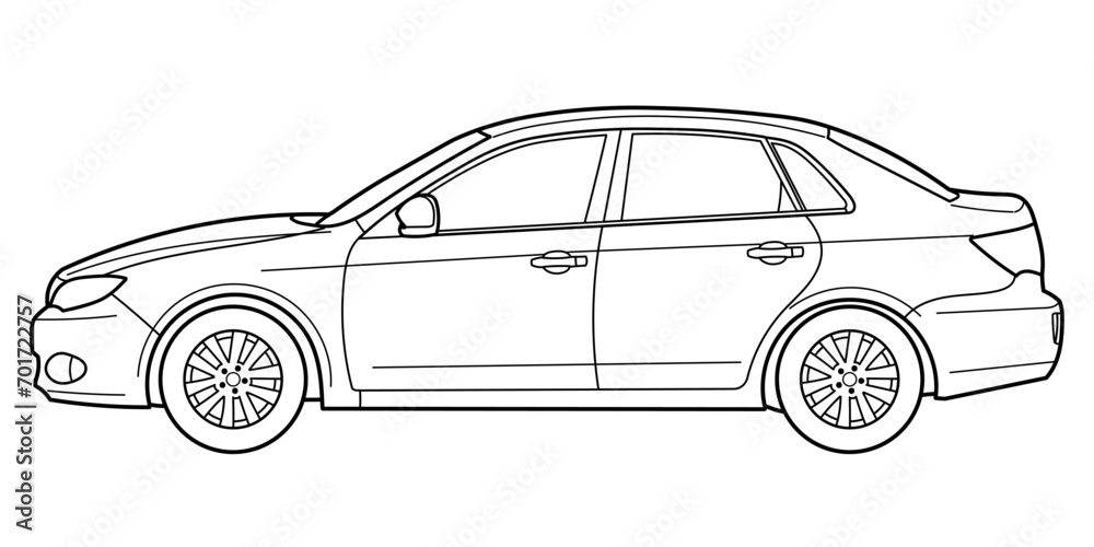 Classic sport luxary class sedan car. 4 door car on white background. Side view shot. Outline doodle vector illustration	
