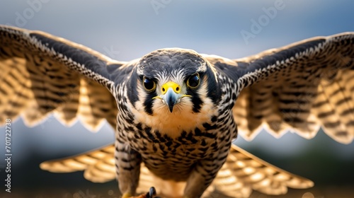The majestic falcon is gazing with its sharp talons in focus photo