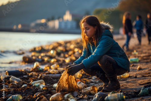 Young girl helping to clean up rubbish by picking up discarded plastic waste and trash from a beach photo