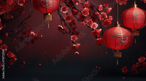 Happy chinese new year 2024. Sakura branches of blossoming against with a chinese lanterns of blurred background. Religion and culture of Chinese festival celebration traditional . Generative AI