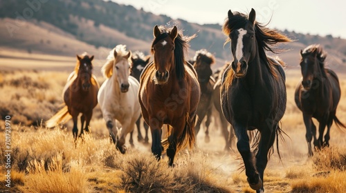 A dynamic image capturing the energy and freedom of a herd of horses as they gallop across a vast, dry grass field. Perfect for showcasing the beauty and power of these majestic animals.