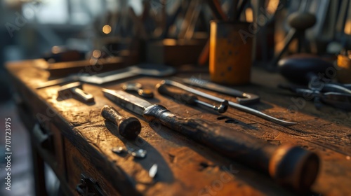 A collection of tools neatly arranged on a wooden table. Perfect for DIY projects and home repairs