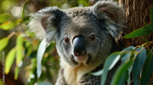 A close-up view of a koala perched on a tree branch. Perfect for nature and wildlife-themed designs