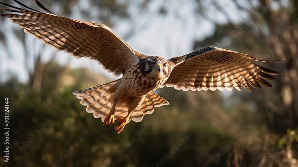 Obraz premium A brown goshawk was captured while in the air.