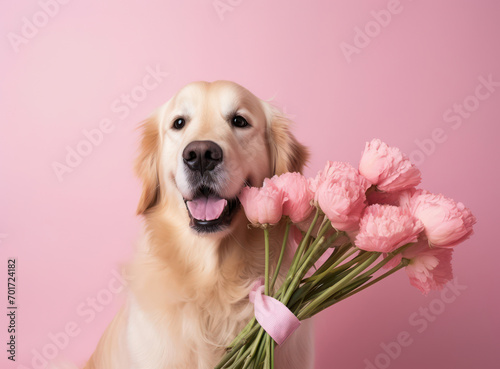 Happy Puppy's Spring Portrait: A Cute and Funny Yellow Retriever Chow-Chow with a Purebred Fluffy Fur and Adorable Bow, surrounded by Tulips in a Blue Background Studio.