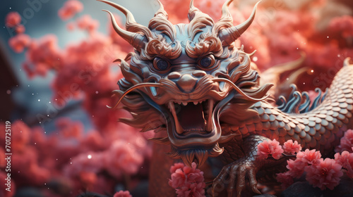 Happy Chinese New Year 2024. Dragon zodiac sign with Cherry blossom or sakura of blossoming on blurred background. Traditional Religion and culture of Chinese New Year festival. Generative AI