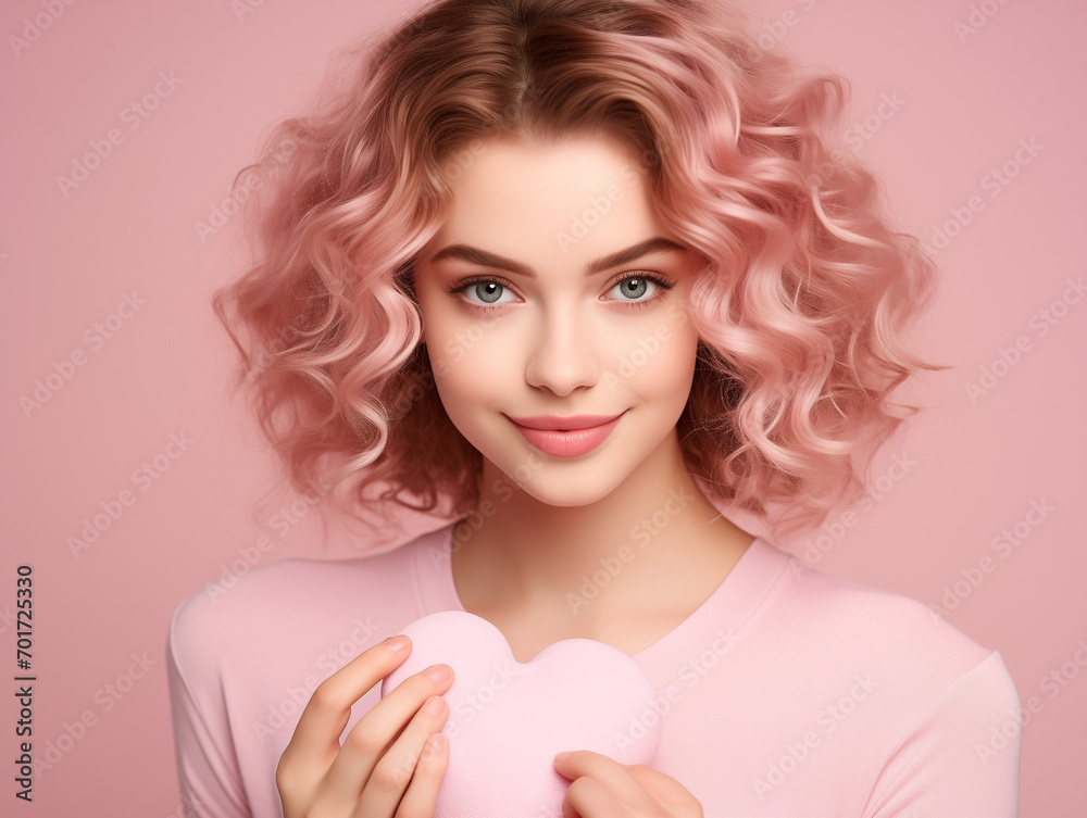 Happy young woman with curly hairstyle pretty face wearing pink shirt, with pink heart in hands, studio pink background. Valentines concept Happy young woman with curly hairstyle pretty face wearing pink shirt, with pink heart in hands, studio pink background. Valentines concept