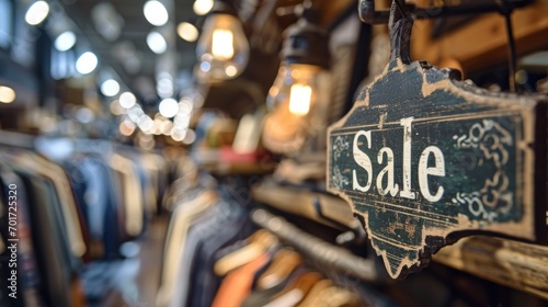 Sale sign in a shop window. Blurred background with bokeh