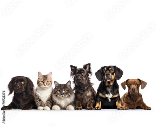 A group of cats and dogs sit in a row on a white background. Poster mockup for a veterinary clinic or pet store. © OleksandrZastrozhnov