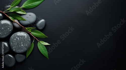 A picture that captures the beauty of a spa with hot stones being viewed from above, with a dark background and a high-end concept. photo