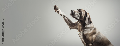 Greyhound Dog with raised paw on a gray background. Free space for product placement or advertising text.