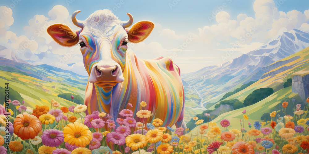 Psychedelic colorful cow on floral spring meadows with mountains in the background. - obrazy, fototapety, plakaty 