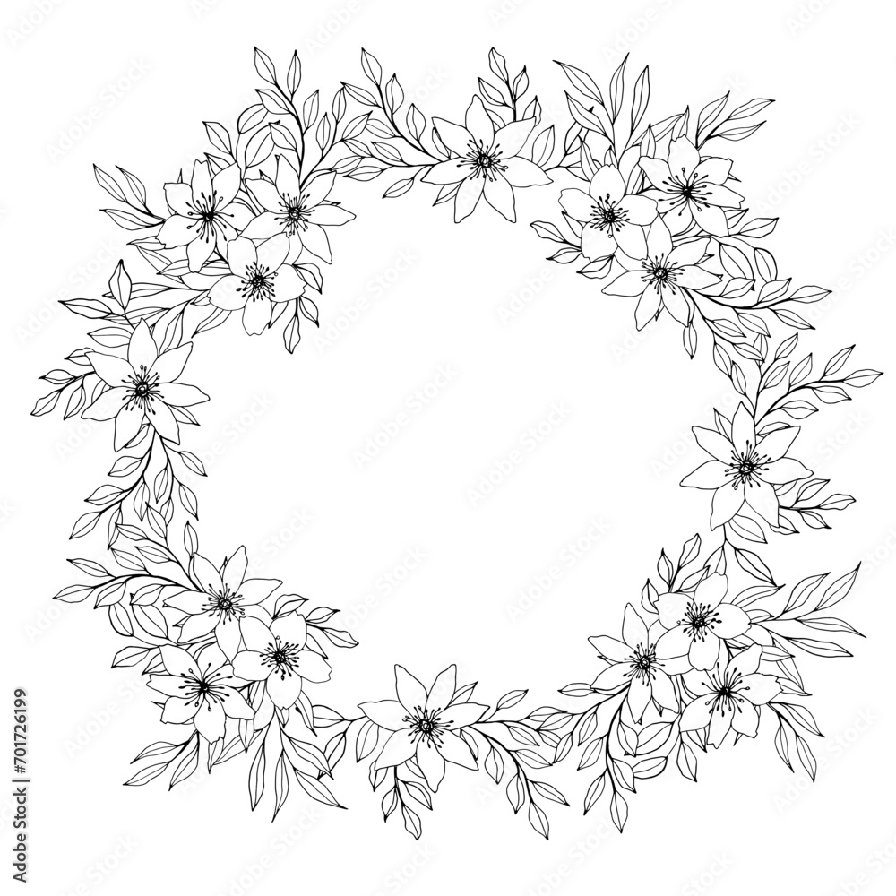 vector wreath with flower, leaves and branch. Elegant frame with space for text. ink hand drawn monochrome botanical illustration for backgrounds. Template for wedding cards, polygraph, logo, tattoo