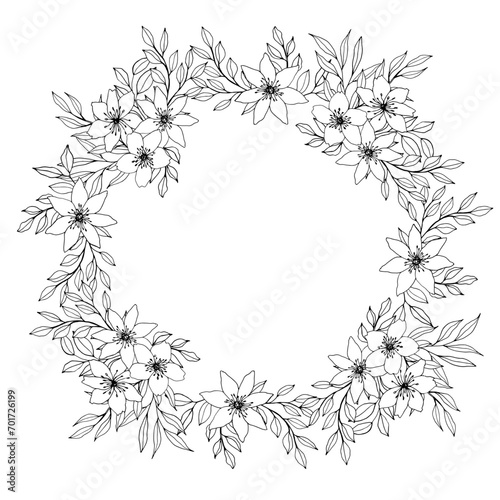 vector wreath with flower, leaves and branch. Elegant frame with space for text. ink hand drawn monochrome botanical illustration for backgrounds. Template for wedding cards, polygraph, logo, tattoo