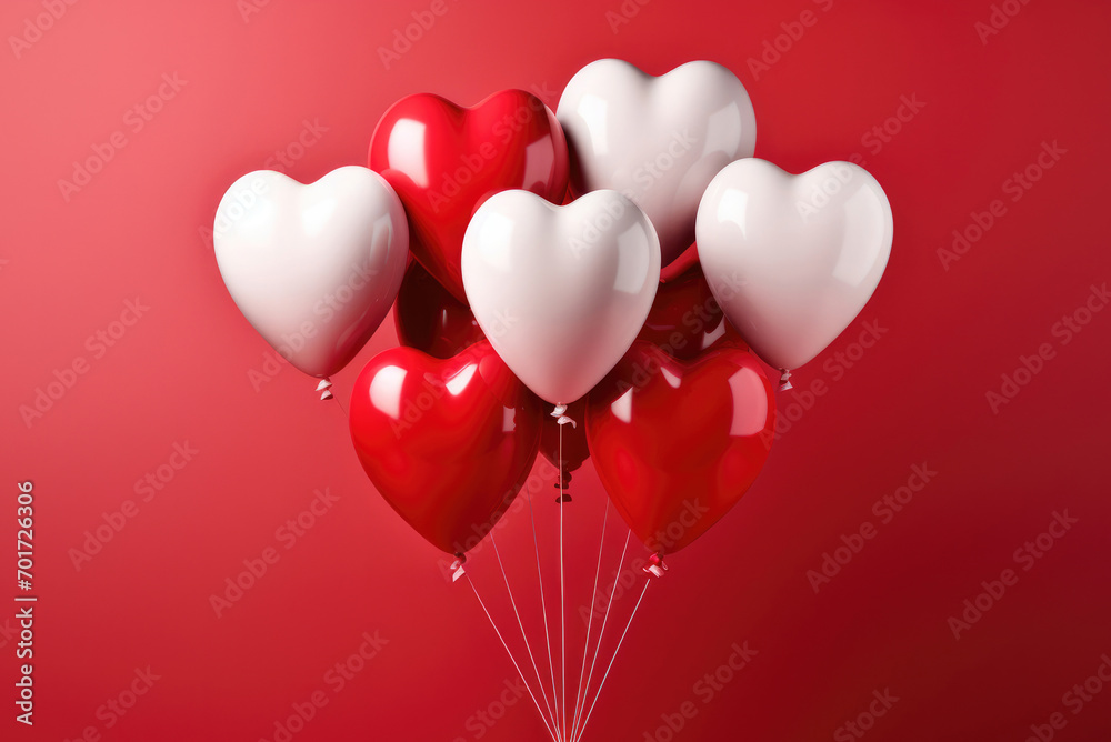Bunch of red and white balloons in the shape of a heart on a red background for Valentine's Day