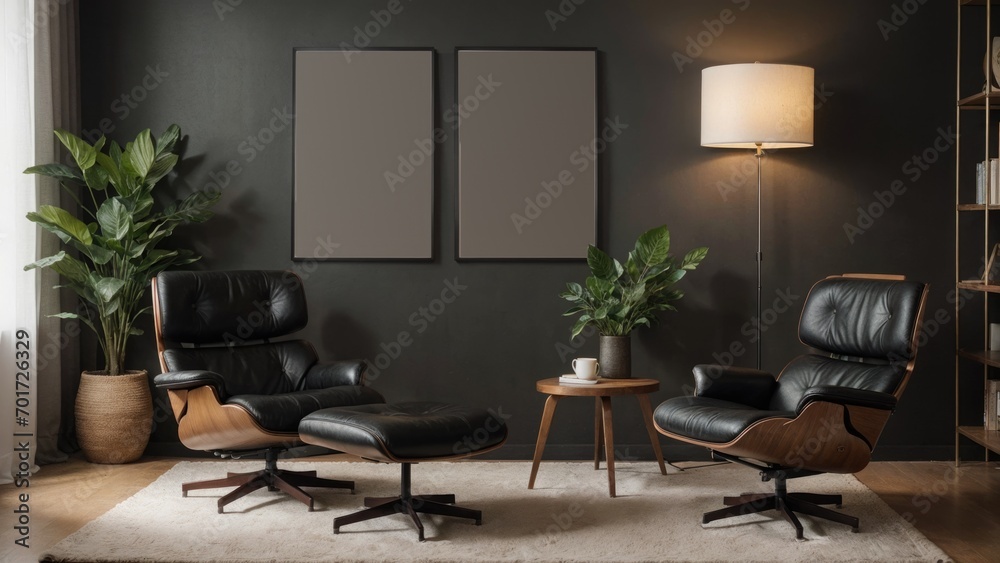 interior design living room with red chair and picture mockup on a wall and a black chair interior design living room with red chair and picture mockup on a wall and a black chair