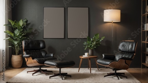 interior design living room with red chair and picture mockup on a wall and a black chair