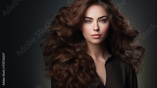 A woman who has brown hair and a hairstyle that is elegant  voluminous  and frizzy.