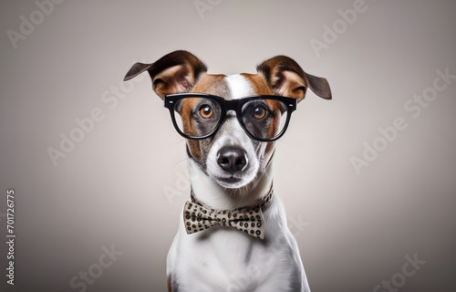 Smart dog Jack russell  in black  glasses, on light gray background. Education concept. © ulkas