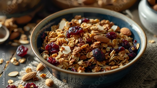 Homemade granola with nuts and berries in a bowl on a wooden table