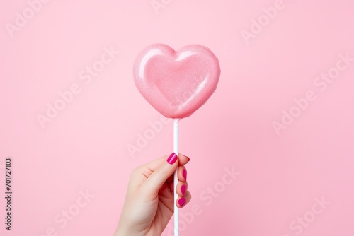 Woman Holding Heart-Shaped Lollipop on Pink Background