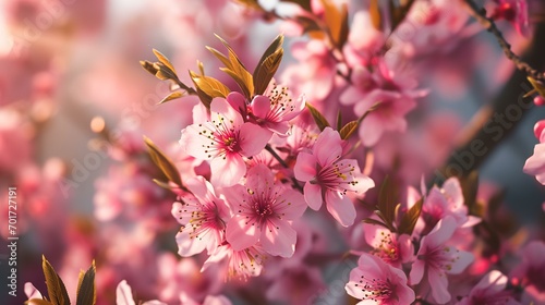 Beautiful blooming pink sakura flowers on a spring day. Nature background
