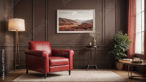 interior design living room picture frame mockup on a wall and red chair