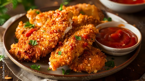 Crispy fried chicken nuggets with tomato sauce and parsley photo