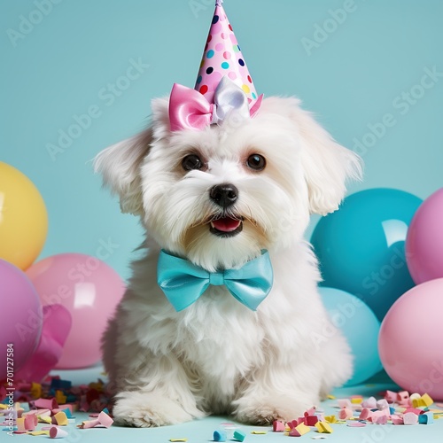 So Beautiful and cute Maltese dog puppy in birthday party. Creative animal concept 