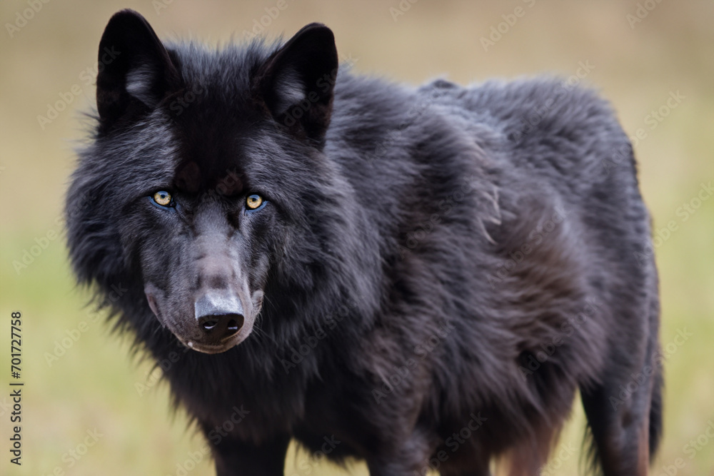 black Wolf. big beautiful black wolf in the forest, looking at the camera. predators concept