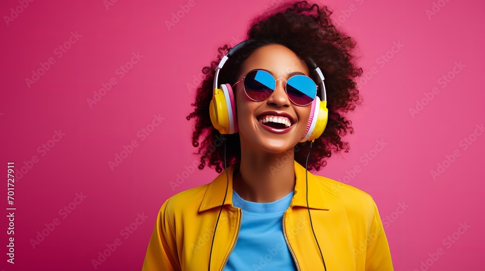 In front of a blue background, there is a woman who is attractive, smiling and dancing in a hipster-style outfit. she is wearing a pink jacket and sunglasses, and is using headphones to In front of a blue background, there is a woman who is attractive, smiling and dancing in a hipster-style outfit. she is wearing a pink jacket and sunglasses, and is using headphones to