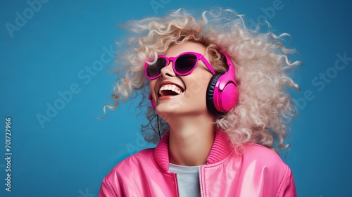 In front of a blue background, there is a woman who is attractive, smiling and dancing in a hipster-style outfit. she is wearing a pink jacket and sunglasses, and is using headphones to