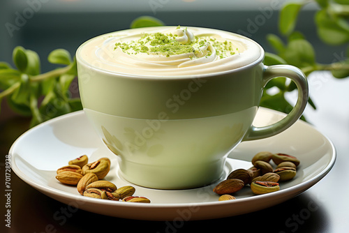 Pistachio latte in a light green cup on a saucer on the table