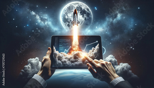 A space rocket launching from a tablet to the moon. With the profit graph display on the screen. Business and financial concept photo