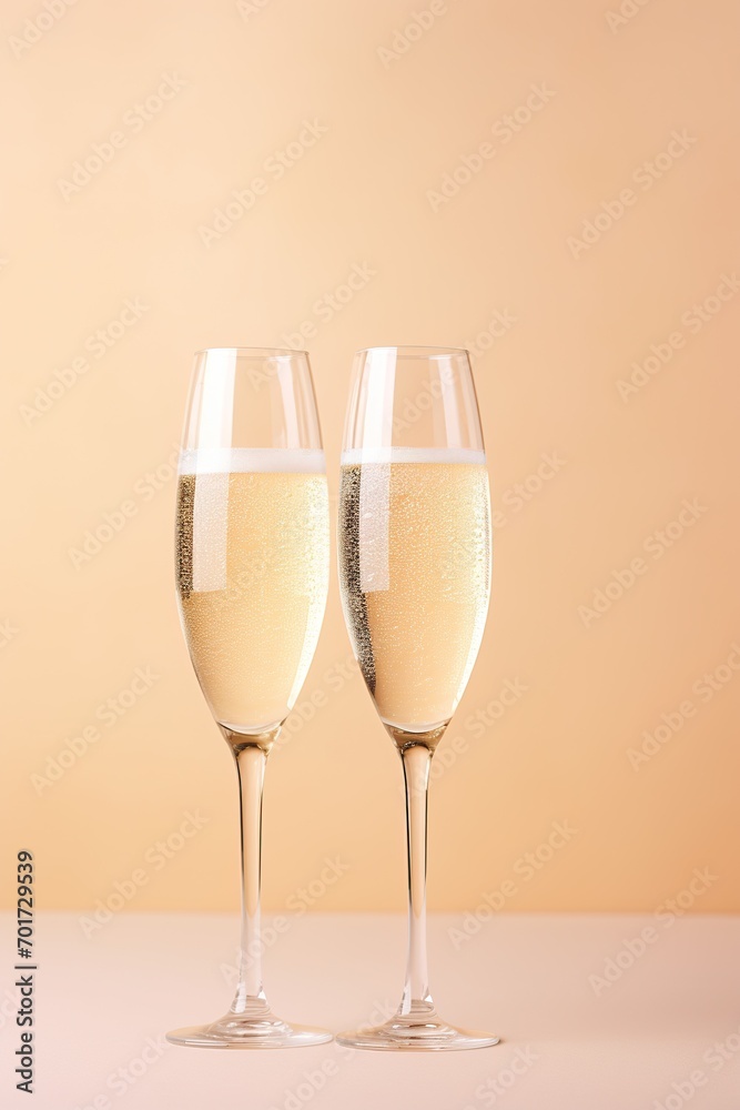 two champagne glasses against a clean beige background. two champagne glasses against a clean beige background.