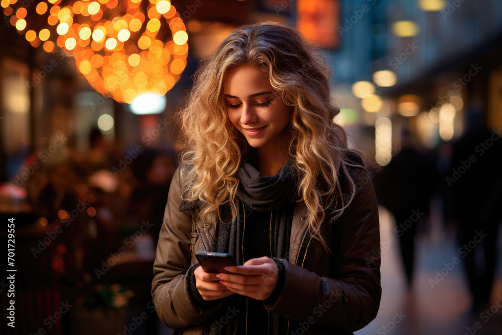 Young woman holds a smartphone in her hands on the street in the city and smiles while chatting online or surfing the Internet while shopping online Young woman holds a smartphone in her hands on the street in the city and smiles while chatting online or surfing the Internet while shopping online