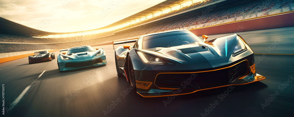 Three racing cars on track riding at high speed and tribunes full of fans around. Postproducted generative AI illustration. - obrazy, fototapety, plakaty 