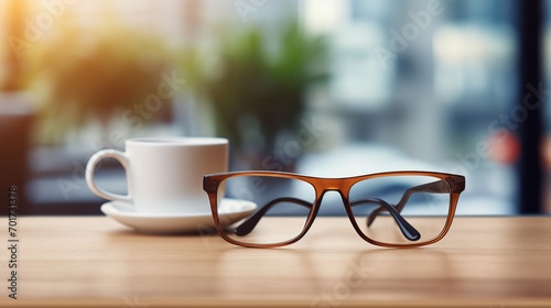 A close-up shot of an office space featuring stationery glasses and a coffee cup on a white table with a blurred background.