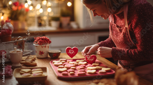 Woman preparing heart cookies with romantic kitchen decor