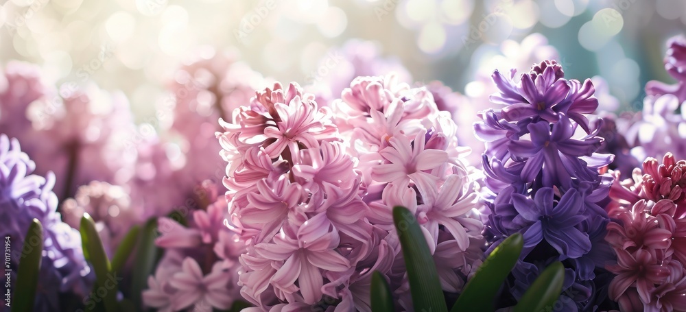 Hyacinth flowers in bloom with soft-focused colorful background. Spring flora and beauty. Hyacinth flowers in bloom with soft-focused colorful background. Spring flora and beauty.