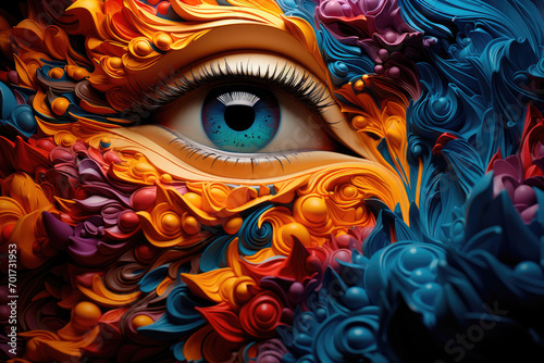 Fantasy part of a woman's face with a blue eye and a pattern instead of skin
