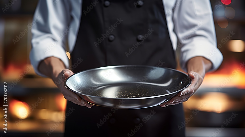 A pan being held by a chef in a close up. A pan being held by a chef in a close up.