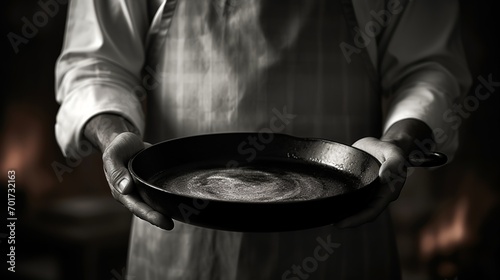 A pan being held by a chef in a close up.