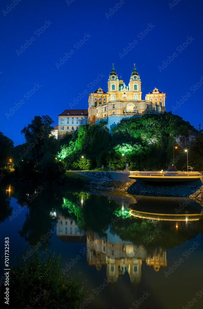 Night in Melk, Austria, with the Famous Baroque Benedictine Monastery Called Melk Abbey
