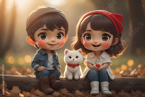children and cat