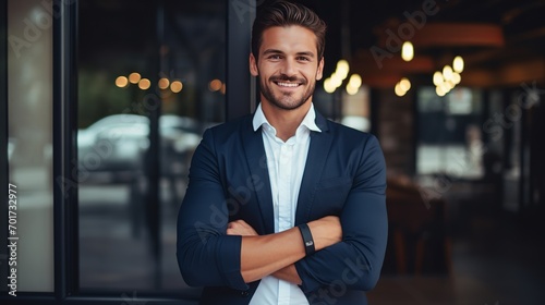 A young businessman stands behind a closed door with his arms crossed, showing his confidence.